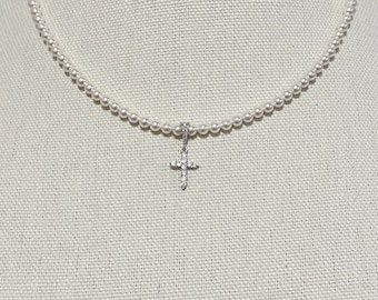 Simple Elegant 4mm Swarovski Cross Pearl Strand Necklace for women, Classic and Modern, Versatile White Pearl Necklace, Small Pearl Necklace