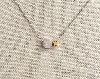 Silver Moon and Gold Star Necklace - Minimalist Celestial Jewelry, Dainty Moon and Star Pendant Necklace for Women
