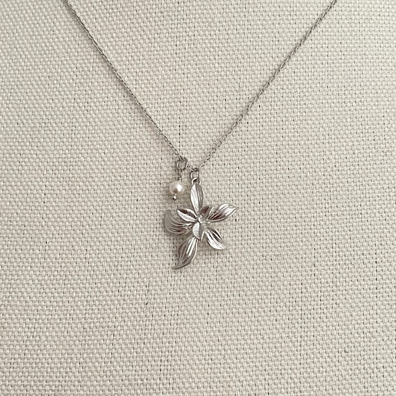 Orchid Flower Pendant Necklace with Pearl Charm, Gold or Silver Plated Orchid Necklace, Dainty Floral Jewelry for Women