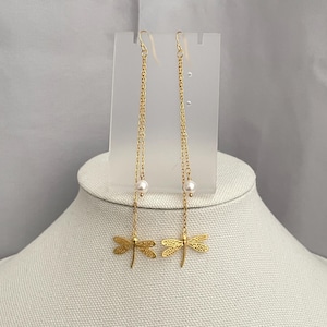Gold Dragonfly Earrings with Swarovski Pearls - Long Dangle Chain Earrings - Nature Inspired Jewelry - Handmade Minimalist Earrings