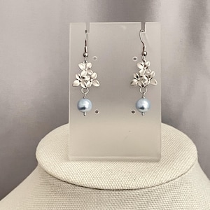 Silver Hydrangea Flower Earrings with Skyblue Swarovski Pearls, Elegant Floral Earrings for Women and Girls, Flower Earrings