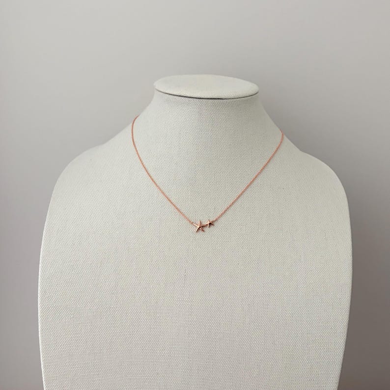 May include: A rose gold necklace featuring a delicate chain and two small, five-pointed starfish charms positioned together at the center. The metal has a warm, metallic finish, and the design is simple, consisting of the chain and the starfish.