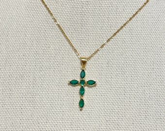 Elegant Green Zircon Gold Cross Necklace, Beautfiul and Elegant Baptism Necklace for Women, Christian Gift Necklace, Emerald Green Cross