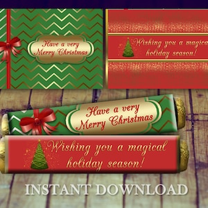 May include: Printable Christmas candy bar wrappers with a green and gold chevron pattern and red ribbon. The wrappers feature the text "Have a very Merry Christmas" and "Wishing you a magical holiday season!"