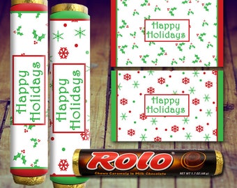 May include: Two red and green candy bar wrappers with the text "Happy Holidays" on them. The wrappers are designed with holly leaves and snowflakes. A chocolate candy bar with the text "ROLO" and "Chewy Caramels in Milk Chocolate" is shown below the wrappers.