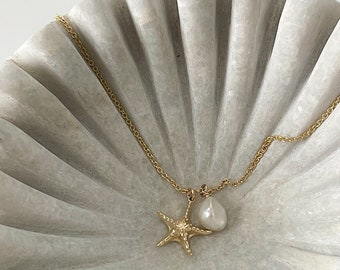Starfish Necklace • Natural Freshwater Pearl Accent Option • Feminine Delicate Aquatic Sea Star Pendant • Minimalist Ocean Jewelry for Women