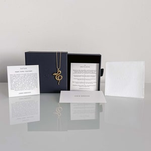 Black Jorie Breonn jewelry gift box with Žaltys Snake Necklace in gold draped over it. Includes faux suede jewelry holder, Žaltys meaning card and care instructions.