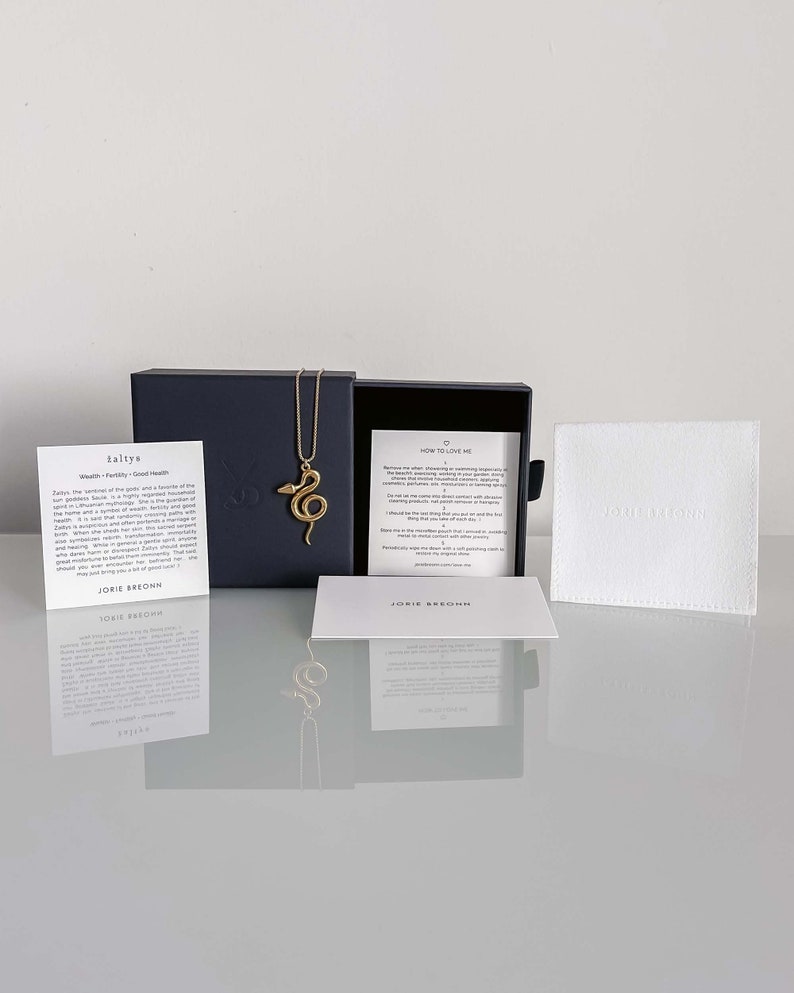 Black Jorie Breonn jewelry gift box with Žaltys Snake Necklace in gold draped over it. Includes faux suede jewelry holder, Žaltys meaning card and care instructions.