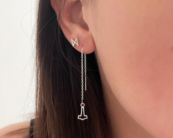 Viking Mjölnir Threader Earrings • Feminine + Delicate Thor's Hamme Pendant Drops • Mix/Match Finishes • Minimalist Nordic Jewelry for Women