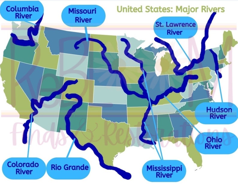 United States Major Rivers Study Chart 3rd Grade Digital Download PDF