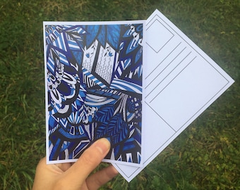 | d’impression murale d’art | d’impression de cartes postales A6 | Jardin Bleu illustration | | faits à la main Imprimé Floral Bleu