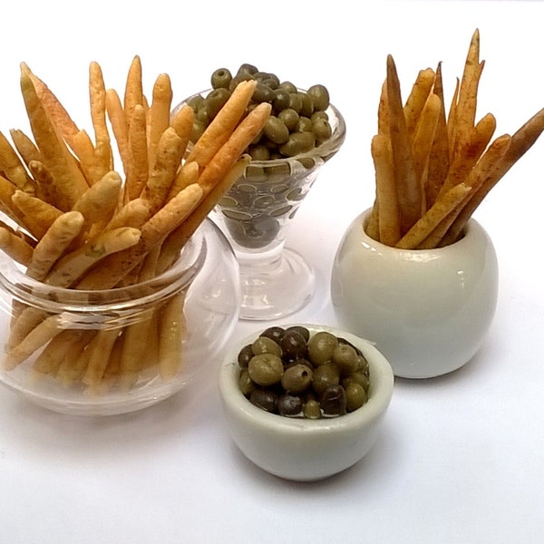 Dolls House Food: Miniature Food - Handmade, Realistic;  Italian Handmade Breadsticks & Olives.    OOAK Luxury