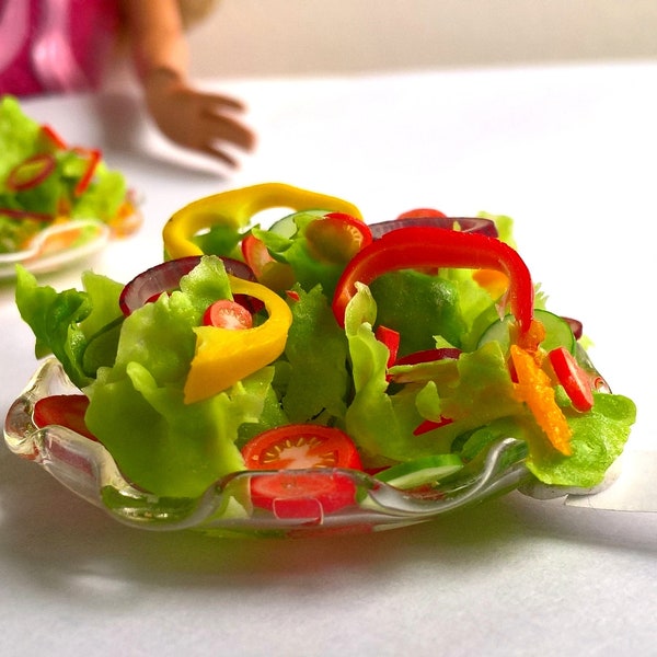 1:6 Scale MINIATURE Food - B / Blythe/ Fashion Doll - Handmade, Realistic Mixed Salad in a GLASS Dish .. Side Salad ..  OOAK