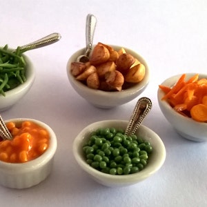 Dolls House Realistic Miniature Food; 1:12 scale - Dish of Baked Beans; Peas; Carrots; Green Beans; Brussels Sprouts; Turnip; Cauliflower