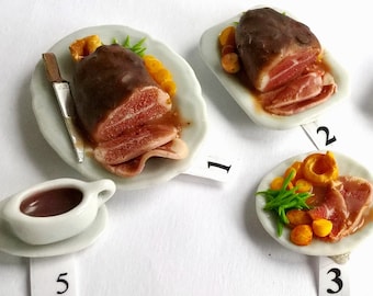 Miniature Food - Dolls House Food; ROAST BEEF Dinner For 2 - Serving Dish + 2 Meal Plates [ 3 item] - OOAK: Dolls House Magazine, April 2017