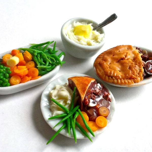 Dolls House Food: Miniature Food - REALISTIC Steak Pie Dinner - Pie + Meal Plates & Dishes of Vegetables   HANDMADE   OOAK