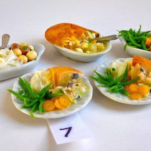 Dolls House Food: 1/12 Miniature Meal Set of Homemade Chicken Pie + 2 Meal Plates ..SEVERAL options of additional dishes of vegetables  OOAK
