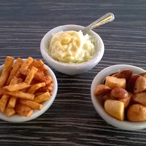 Dolls House Food  Miniature Food; 1:12 scale - China Serving Dish of Roast Potatoes;  Creamy Mashed Potatoes;  French Fries  /  Chips