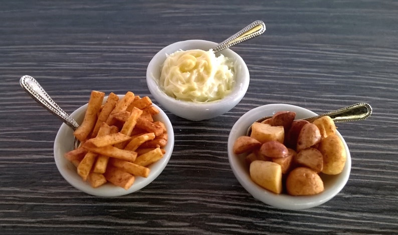 Dolls House Food Miniature Food 1:12 scale China Serving Dish of Roast Potatoes Creamy Mashed Potatoes French Fries / Chips image 1