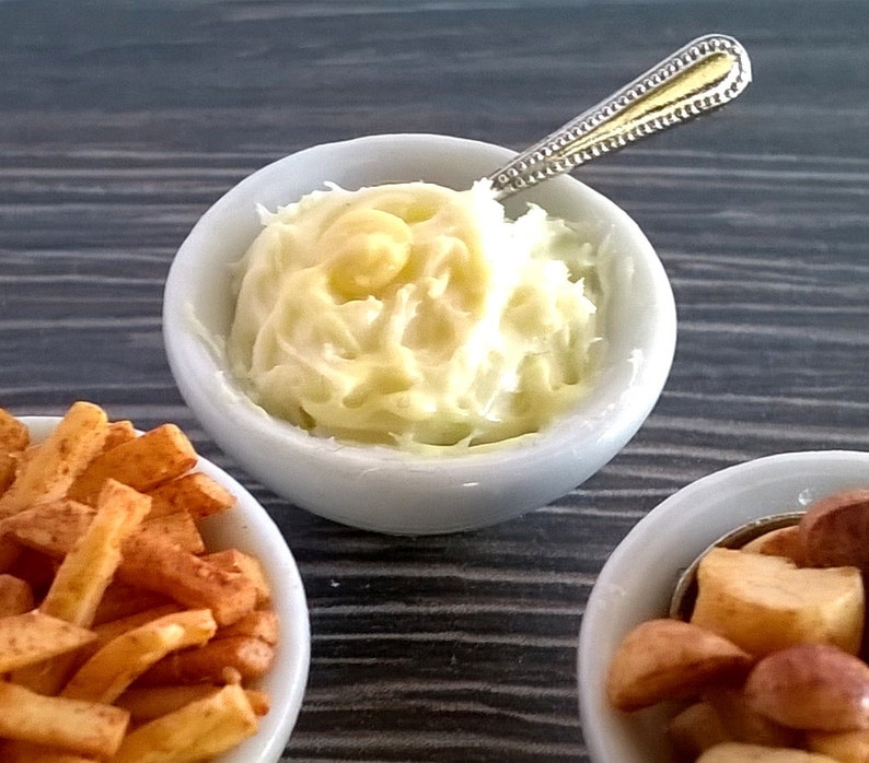 Dolls House Food Miniature Food 1:12 scale China Serving Dish of Roast Potatoes Creamy Mashed Potatoes French Fries / Chips image 2