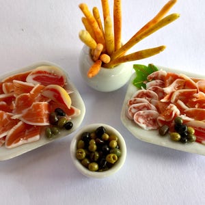 Dolls House Food: Miniature Food - A Small Serving Dish of  Spanish / Italian Antipasto; Salami,  Serrano Ham / Prosciutto , Olives   OOAK