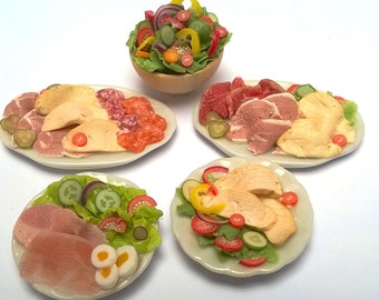Dolls House Food: Miniature Food - Handmade, Realistic;   Cold Roast Chicken and Mixed Salad.  Meal Plates & Serving Platter OOAK   OOAK