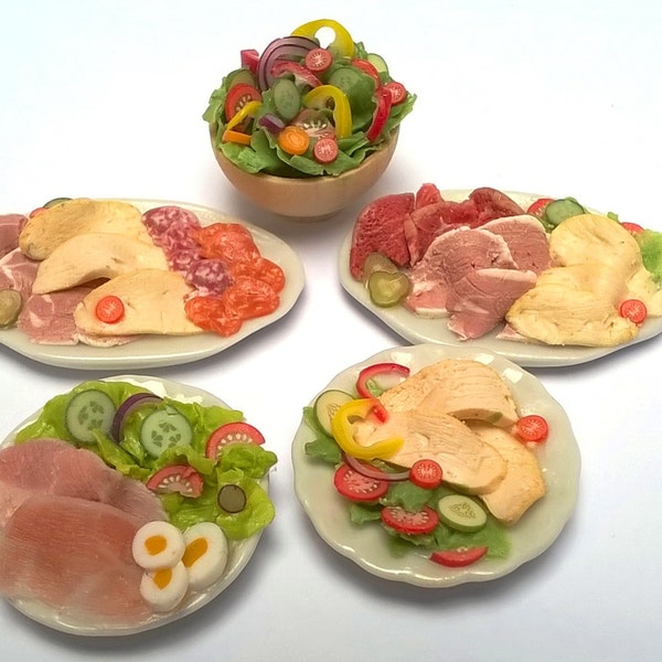 Dolls House Food: Miniature Food - Handmade, Realistic;   Cold Roast Chicken and Mixed Salad.  Meal Plates & Serving Platter OOAK   OOAK