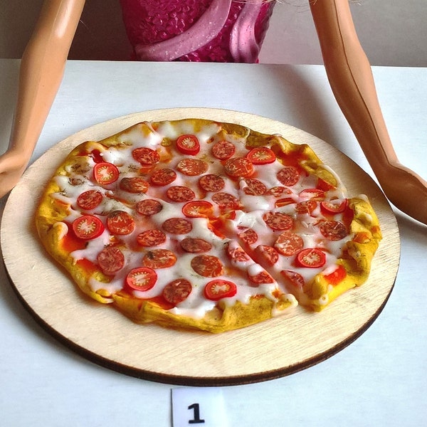 1:6 Scale Miniature Food - B / Blythe / Fashion Doll - Handmade ..  Realistic ...  Pepperoni PIZZA  / Salami Pizza .. olives    OOAK