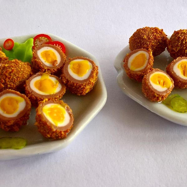 Dolls House Food;  Miniature Food;  Handmade - Realistic:  British   Scottish  Picnic  Pub  Homemade Scotch Eggs on a Serving Platter   OOAK