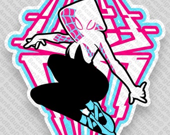 May include: A black and white illustration of a superhero wearing a white hooded suit with a pink and red spider web design on the hood. The superhero is in a crouching pose with one leg bent and the other leg extended. The superhero is wearing white sneakers. The background is a pink and blue design with lightning bolts.