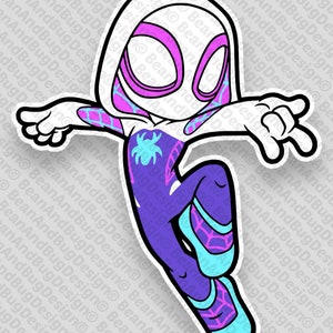 May include: A cartoon illustration of Spider-Gwen, a superhero with a white and pink mask, purple and blue suit, and a spider web design. She is in a jumping pose with her arms outstretched.