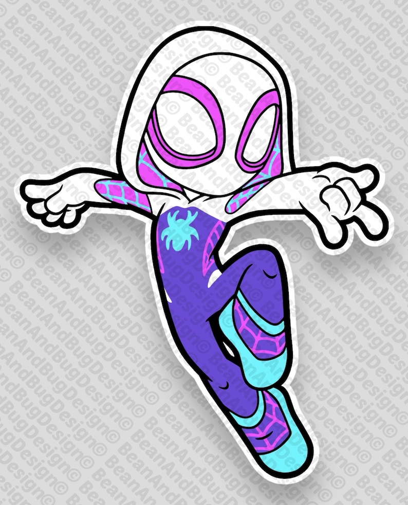 May include: A cartoon illustration of Spider-Gwen, a superhero with a white and pink mask, purple and blue suit, and a spider web design. She is in a jumping pose with her arms outstretched.