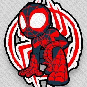 May include: A cartoon illustration of Spider-Man in a red and black suit, with a white background featuring a stylized spider web design. The character is in a crouching pose, with one leg bent and the other extended.