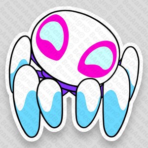 Op de afbeelding: Witte sticker met een cartoon spin met roze ogen en blauwe poten. De spin is zwart omlijnd.