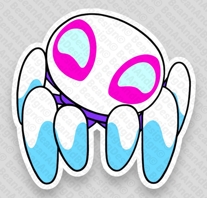 Op de afbeelding: Witte sticker met een cartoon spin met roze ogen en blauwe poten. De spin is zwart omlijnd.