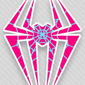 May include: A sticker featuring a stylized spider emblem. The design is primarily hot pink with light blue web details and outlines, set against a white border. The spider's shape is symmetrical and geometric.