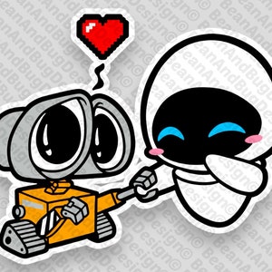 Puede incluir: Una ilustración de dibujos animados de dos robots, uno con un cuerpo amarillo y una cabeza gris, y el otro con un cuerpo blanco y una cabeza gris. El robot con el cuerpo amarillo sostiene un corazón rojo sobre la cabeza del otro robot.