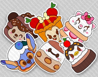 May include: Six colorful cartoon character stickers with a dessert theme. Each sticker features a different character with a unique dessert design. The characters include a brown-haired girl with a chocolate cupcake, a white cat with a strawberry and cream cake, a brown bear with a chocolate and caramel cake, a blue alien with a blueberry and cream cake, a yellow mouse with a strawberry and cream cake, and a white bird with a chocolate and cherry cake.