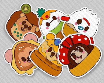 May include: A collection of colorful, cartoon-style stickers featuring food-themed characters. Designs include a taco, a pancake, a cupcake, and other food items with smiling faces and playful details. Perfect for decorating laptops, water bottles, or notebooks.