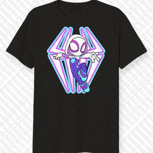 May include: A black t-shirt with a white and purple cartoon image of Spider-Gwen in a neon blue and pink diamond shape.