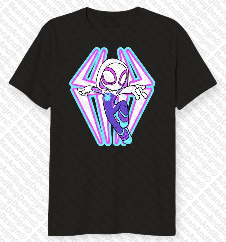 May include: A black t-shirt with a white and purple cartoon image of Spider-Gwen in a neon blue and pink diamond shape.