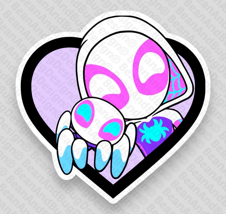 Op de afbeelding: Een witte en roze cartoon spin-persoon met een blauw en paars spinnen symbool op haar borst, die een kleine witte spin met blauwe ogen in haar handen houdt. De afbeelding is in de vorm van een hart.