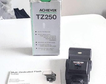 Flash para cámara réflex ACHIEVER TZ250 con tiristor automático y función de inclinación - Compatible con cámaras Canon, Nikon, Minolta, Olympus, Pentax y Ricoh.