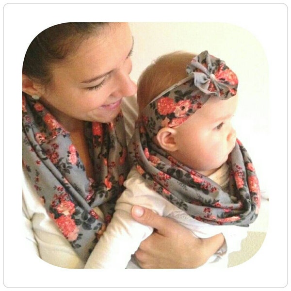 Mommy and Me Matching Infinity Scarves- Scarf and Headband Set - Gray Floral -Several Color/Pattern Choices available.