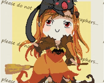 May include: A cartoon illustration of a witch with orange hair and a black cat on her head. She is wearing a brown and orange costume and holding a broom. The text "please do not copy... respect the graphers..." is repeated in the image.