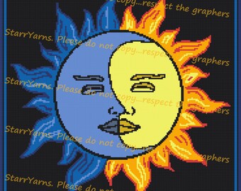 May include: A pixel art design of a sun and moon with faces. The sun is yellow and orange with a fiery halo. The moon is blue with a crescent shape. The background is black.