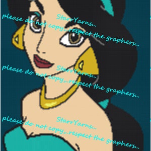 May include: A pixel art pattern of Jasmine from Disney's Aladdin. The pattern is in shades of blue, green, yellow, and brown. The pattern includes the text "Starr Yarns... please do not copy... respect the graphers..." repeated throughout.