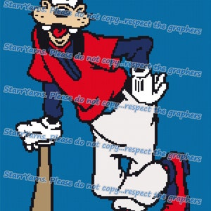 Puede incluir: Un patrón de arte de píxeles de un perro de dibujos animados que lleva un uniforme de béisbol rojo y azul sosteniendo un bate de béisbol marrón. El perro lleva una gorra roja con una visera blanca. El fondo es azul.