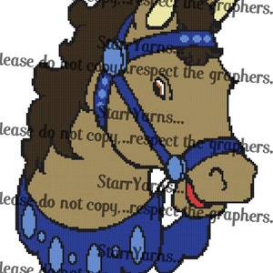May include: A brown and white horse head with a blue and white bridle and a blue and white patterned neck scarf. The horse is smiling and has a tongue sticking out. The image has the text "Starr Yarns...lease do not copy...respect the graphers." repeated multiple times.
