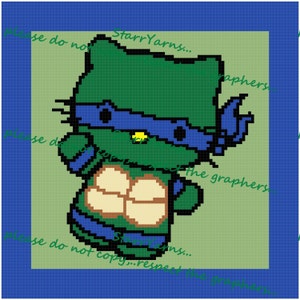 Pode incluir: Um personagem pixelado Hello Kitty verde usando uma bandana azul e uma concha de tartaruga marrom. O personagem está usando uma estrela amarela na testa. A imagem tem o texto "Starr Yarns..." e "the graphers".